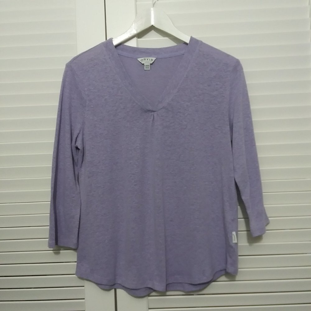 Orvis Purple V Neck Linen Blend 3/4 Sleeve Popover Top